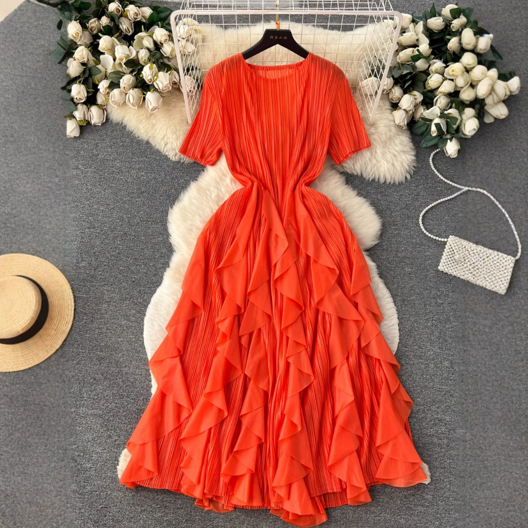 Легкое роскошное полноценное плиссированное платье с рюшами и короткими рукавами с круглым вырезом, женское Элегантное повседневное праздничное платье с высокой талией, стройнящее