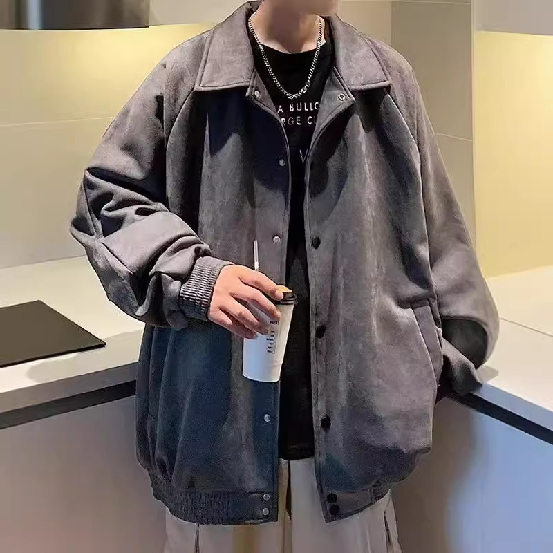 Suede Baseball Jacket Men's Autumn and Winter Trendy Hong Kong Style Pilot Loose Embroidered Jacket Top