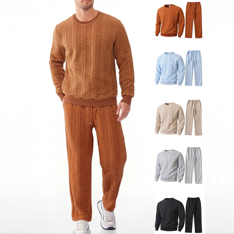 2025 Foreign Trade European and American Cross-Border Pure Color Sports and Leisure Jacquard Men's Warm Base Layer Sweatshirt and Pants Suit