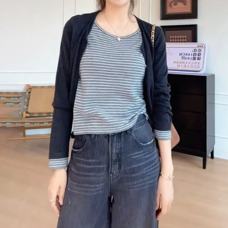 大码女装灰色条纹针织衫女早秋新款胖mm宽松洋气减龄时尚休闲小衫|undefined