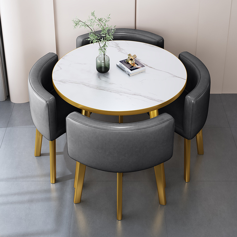 Dark gray 80cm round table+4 leather chair