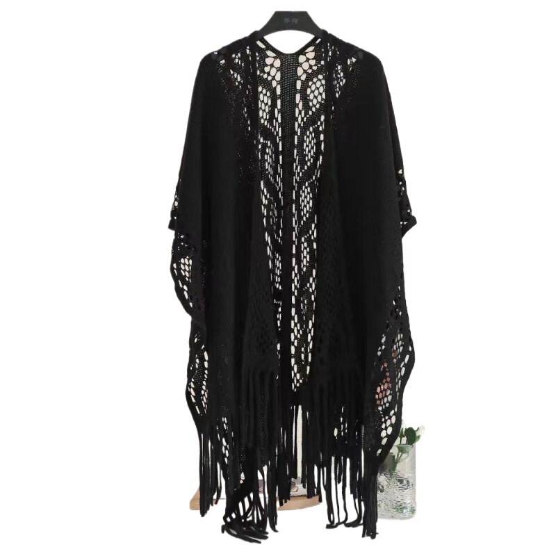 Cross-border Split Shawl Hollow Tassel Knitted Jacket Travel Photo Thin Cardigan Solid Color Sunscreen Women's Outer Wear Cross-border Split Shawl Hollow Tassel Knitted Jacket Travel Photo Thin Cardigan Solid Color Sunscreen Women's Outer Wear