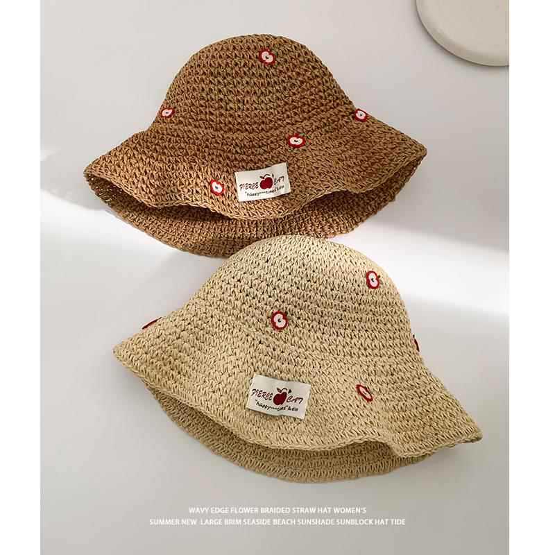 Pequeña manzana tejida sombrero de pescador de paja sombrero de verano vacaciones de playa sombrero de paja sombrero de sombrero de protección solar