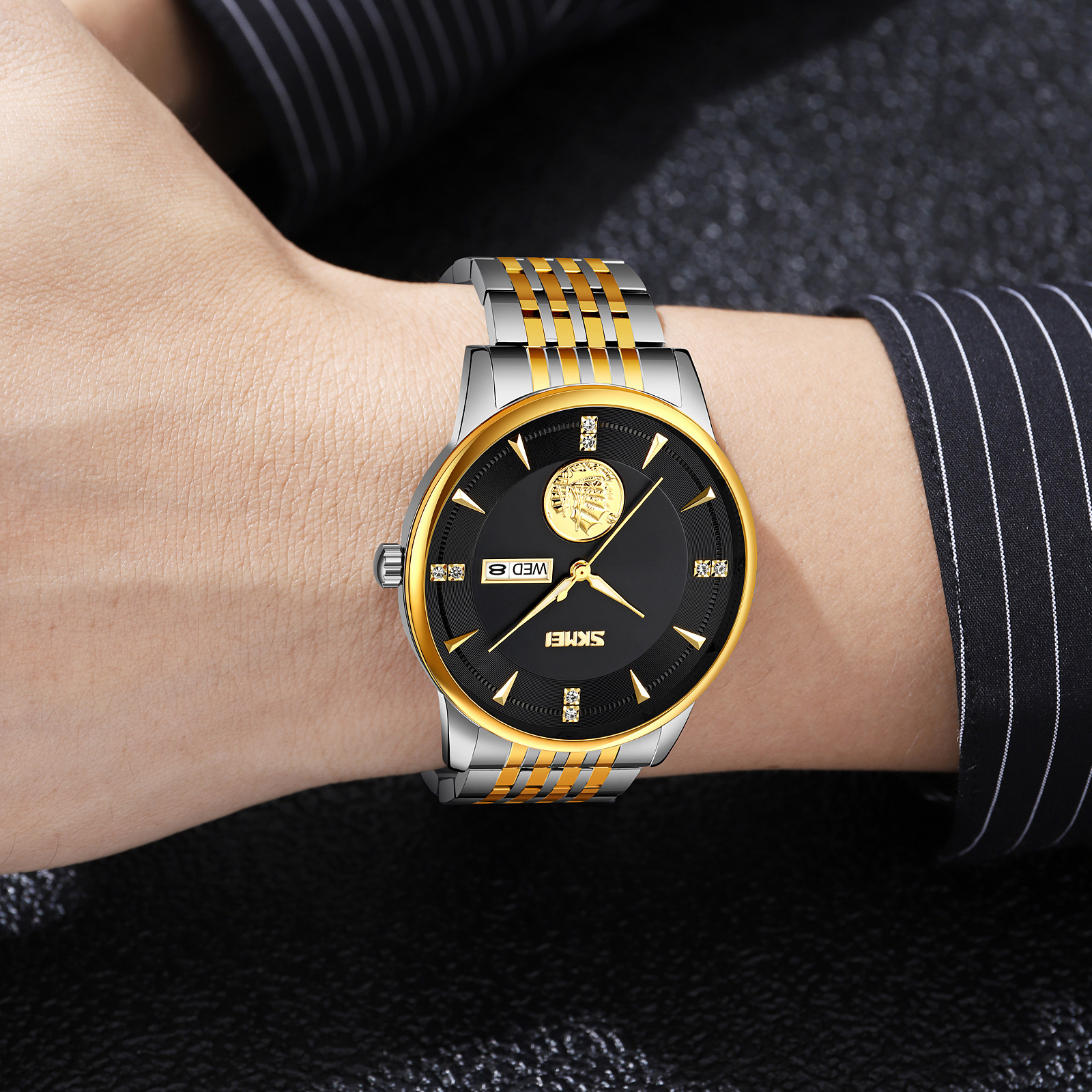 Momento Meimei oro hombre reloj de acero sólido reloj de negocios reloj de cuarzo impermeable comercio exterior transfronterizo al por mayor