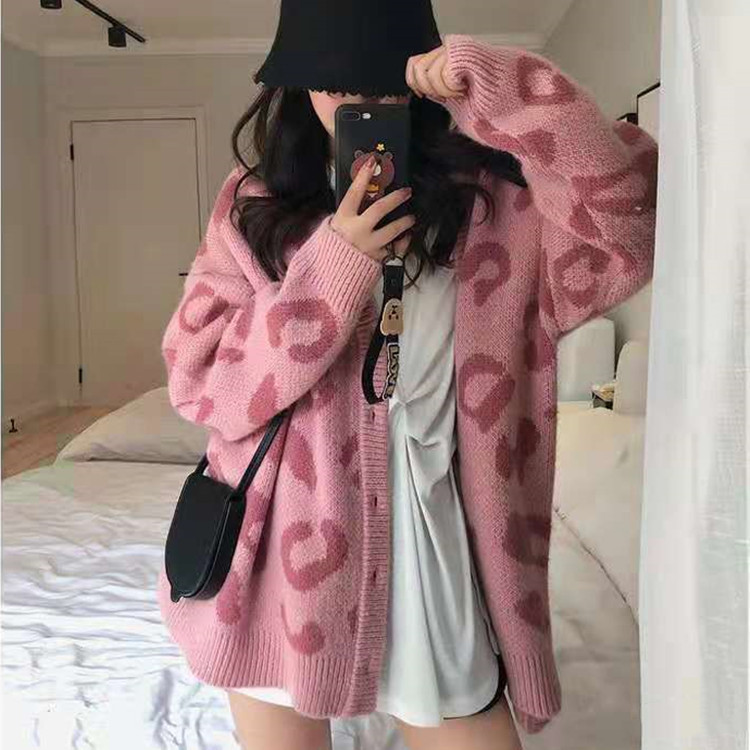 韩版豹纹慵懒风宽松毛衣女外套秋冬跨境新款休闲撞色针织上衣开衫|undefined
