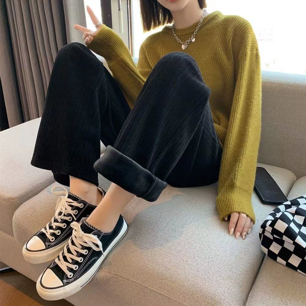 Corduroy High-Waist Trousers, Women's Demi-Season, Warm Lined Loose Straight Fit