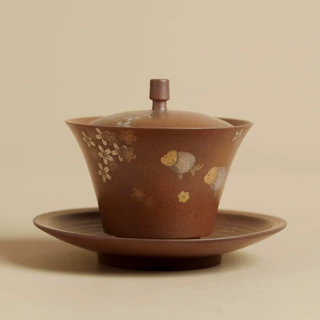 老岩泥三才盖碗茶杯高档陶瓷不烫手泡茶器功夫茶具复古粗陶泡茶碗