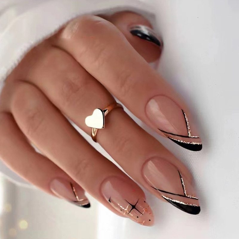 Autumn Winter Mysterious Black Almond False Nails Starry Design_voghion.com
