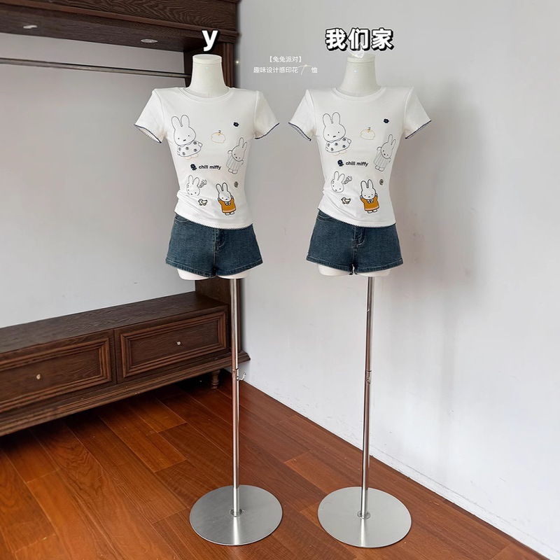 [Rabbit Party] Cute and Interesting Design Printed Short-Sleeved T-Shirt for Women in Summer Sweet and Spicy Slim Half-Sleeved Top