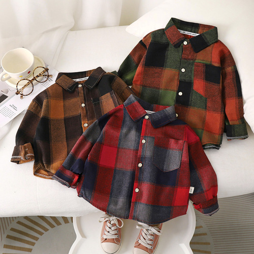 Autumn children's grid coat for boys and girls, baby vest top for middle children, stylish casual long-sleeved shirt