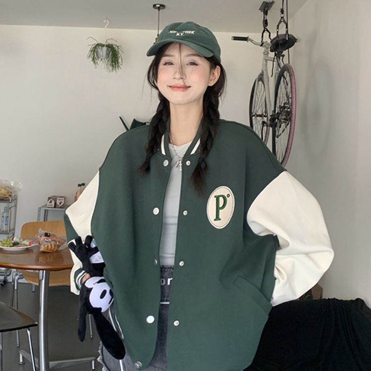 撞色棒球服女秋季2025新款复古宽松中长款字母刺绣BF风长袖外套女|undefined