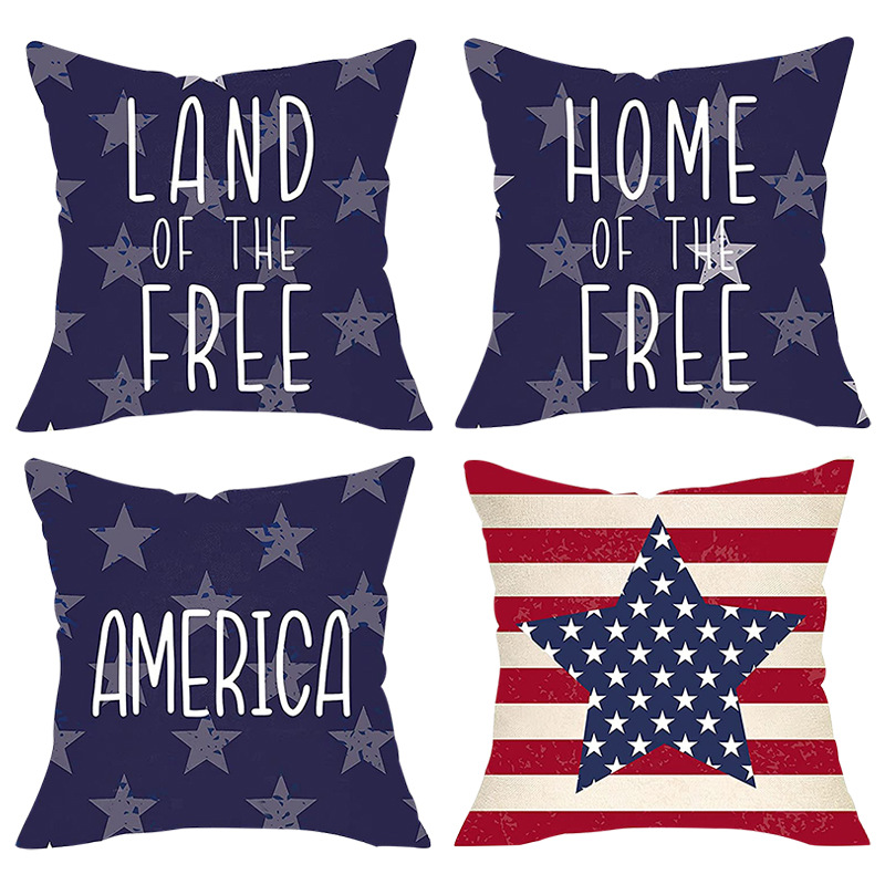 American-style Independence Day Cross-border Pillow Linen Five-pointed Star Printed Living Room Sofa Pillow Home Decoration Bedside Cushion