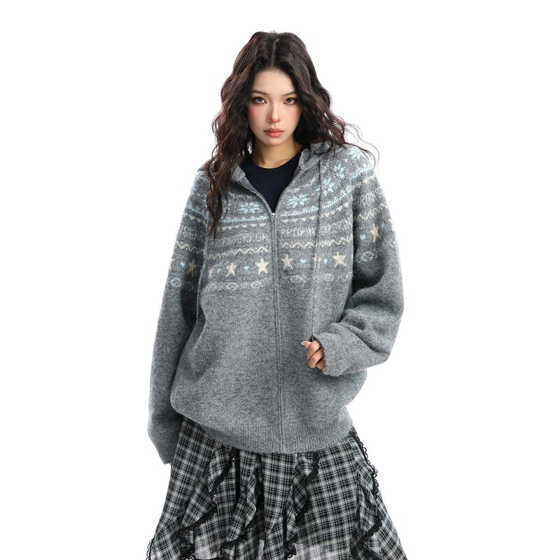 Factory Korean-Style Star Fair Isle Jacquard Hooded Sweater for Women, Autumn and Winter Lazy Style Knitted Cardigan Top Trendy