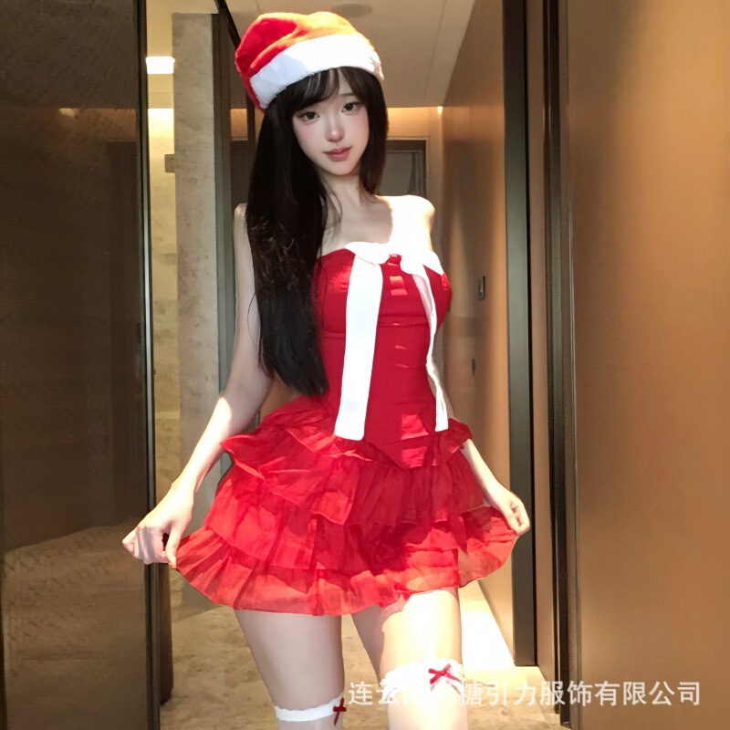 2025 New Sweet and Gentle Small Cake*Christmas Red Tube Top Slim Cake Skirt New Year Straps 9238