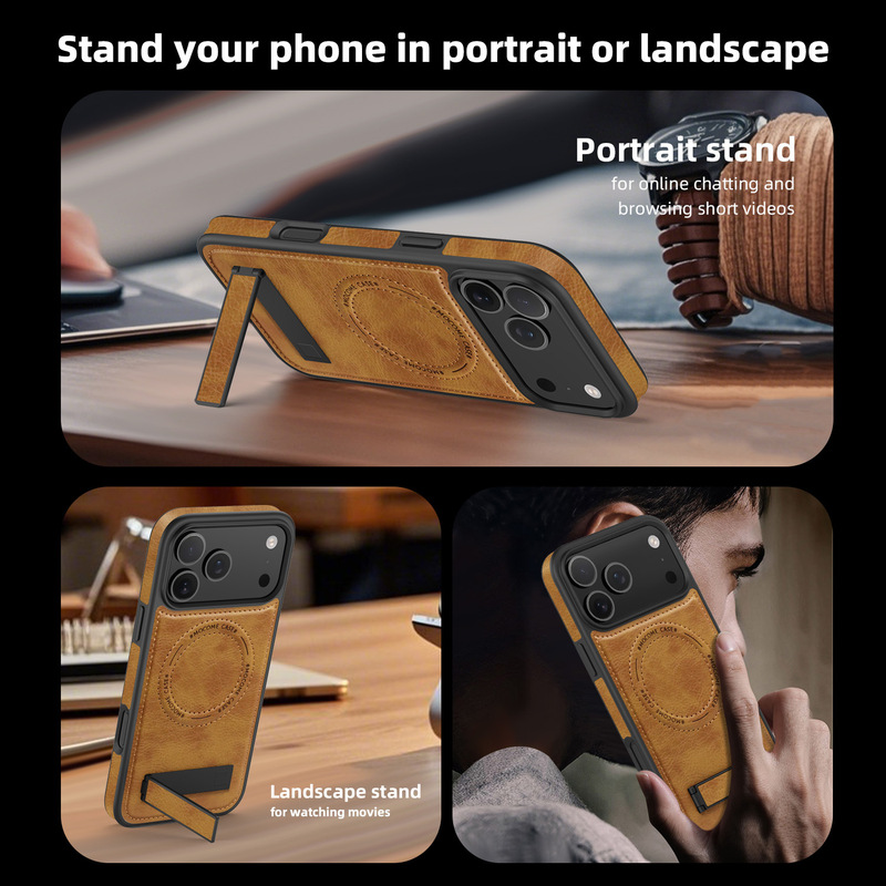 晶盾支架适用iPhone17手机壳皮革磁吸苹果17ProMax防摔保护套跨境|undefined