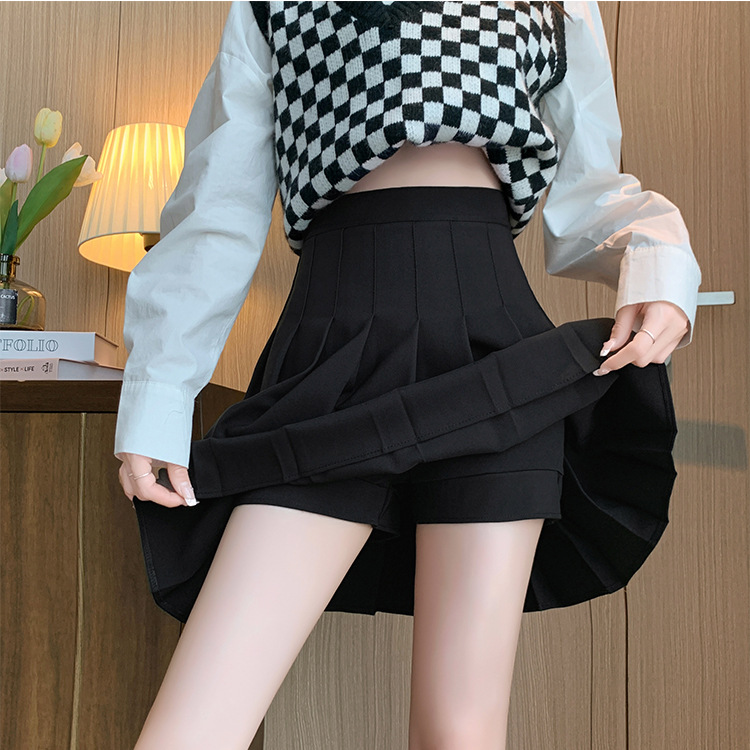 Pleated Skirt Short Skirt Women's Summer and Korean Edition High Waist Plaid Autumn and Winter New Anti Walking Light Show Thin JK Black A-line Half length Skirt