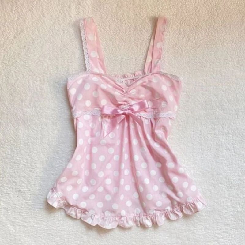 American Retro Early Style Polka Dot Lace Suspender Sweet Sexy Millennial Style Y2K Cute Pure Lust Girl Vest Top American Retro Early Style Polka Dot Lace Suspender Sweet Sexy Millennial Style Y2K Cute Pure Lust Girl Vest Top