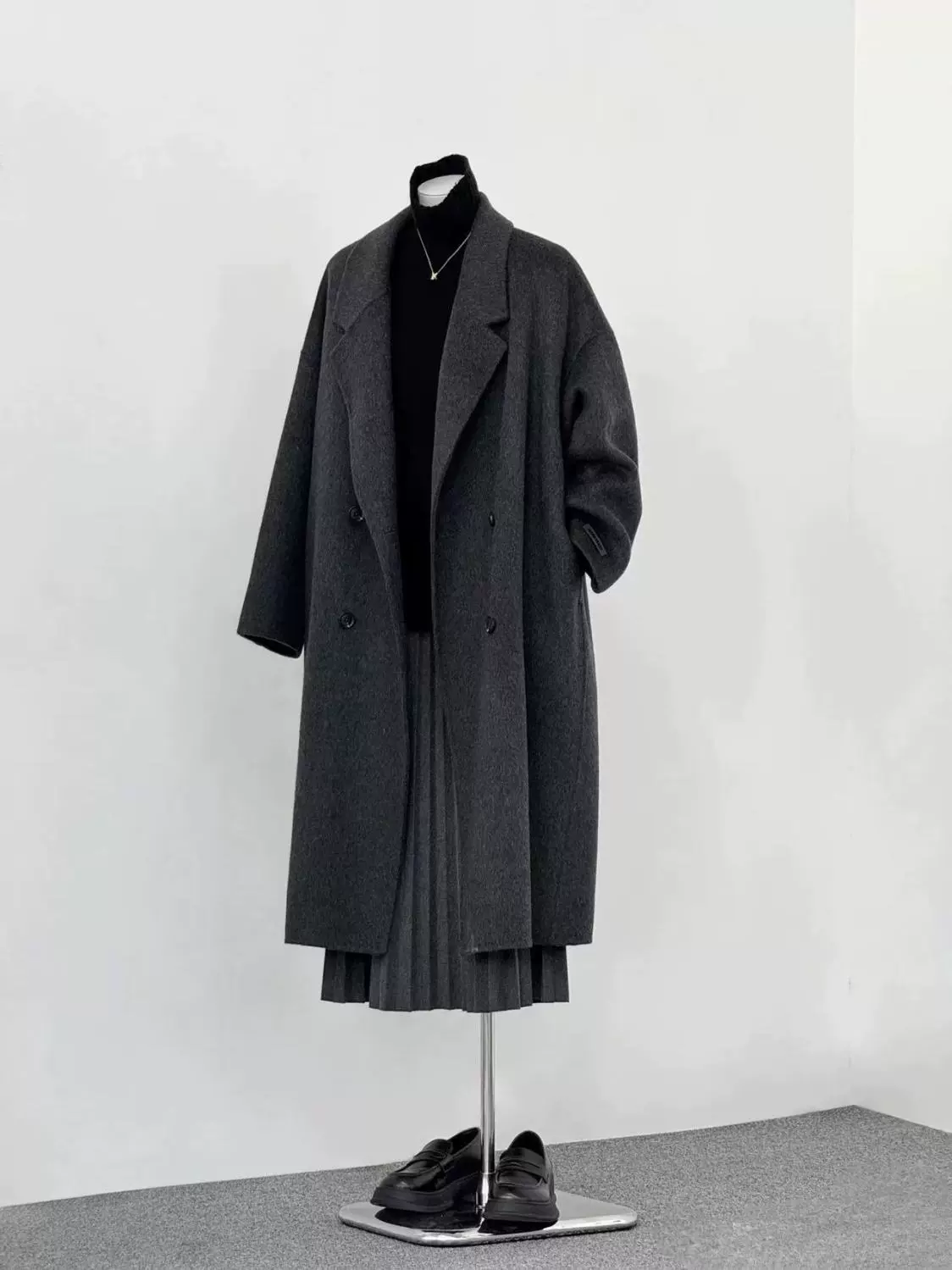 Double-faced Long Wool-Cashmere Coat, Korean Style, Fitted Demi-Season, Longline