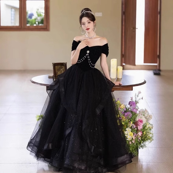 Black Evening Dress, One-Shoulder, Piano, Violin, Student Art Exam Performance Dress, Host Banquet High-End Long Dress