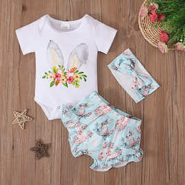 欧美夏款女童复活节兔子三角爬服哈衣+三角PP裤三件套童装ins