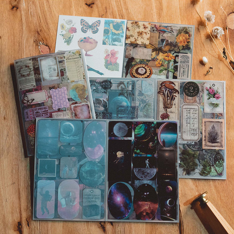 Libro de pegatinas retro (20 hojas PET), material de universo y poesía, para decoración de diarios