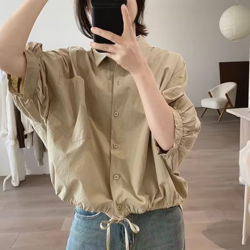 Simple and Stylish Versatile Trendy Personalized Top 2025 Summer New Loose Unique Drawstring Shirt