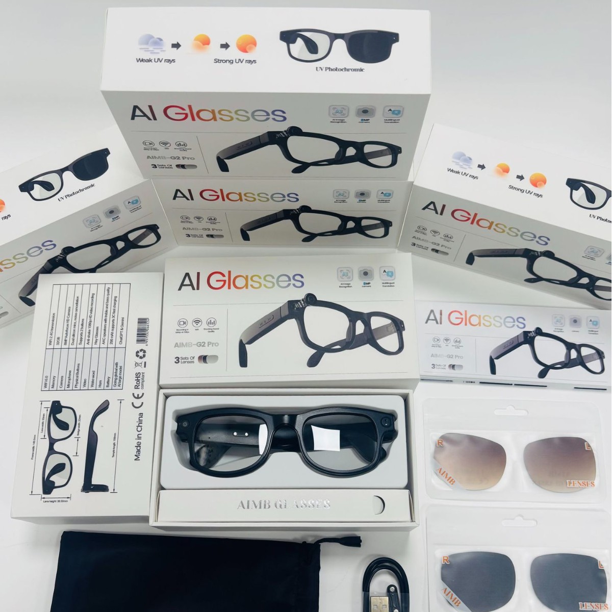 Cross-border AIMB-G2 Pro Smart Glasses 8MP AI Intelligent Photo Taking, Video Calling, Translation, Anti-Shake