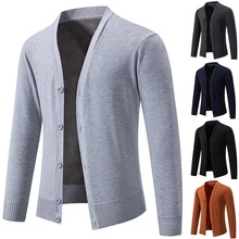 亚马逊跨境秋冬外贸男士休闲长袖V领针织开衫男加绒外穿毛衣外套