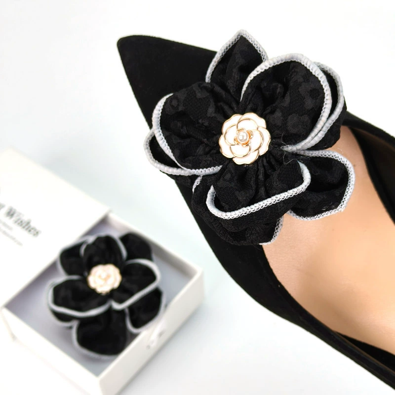 Цветок-камелия из ткани с тремя лепестками, черный, для обуви на высоком каблуке, ручной работы, для рукоделия, аксессуар для волос, аксессуар для обуви, для самостоятельного изготовления обуви