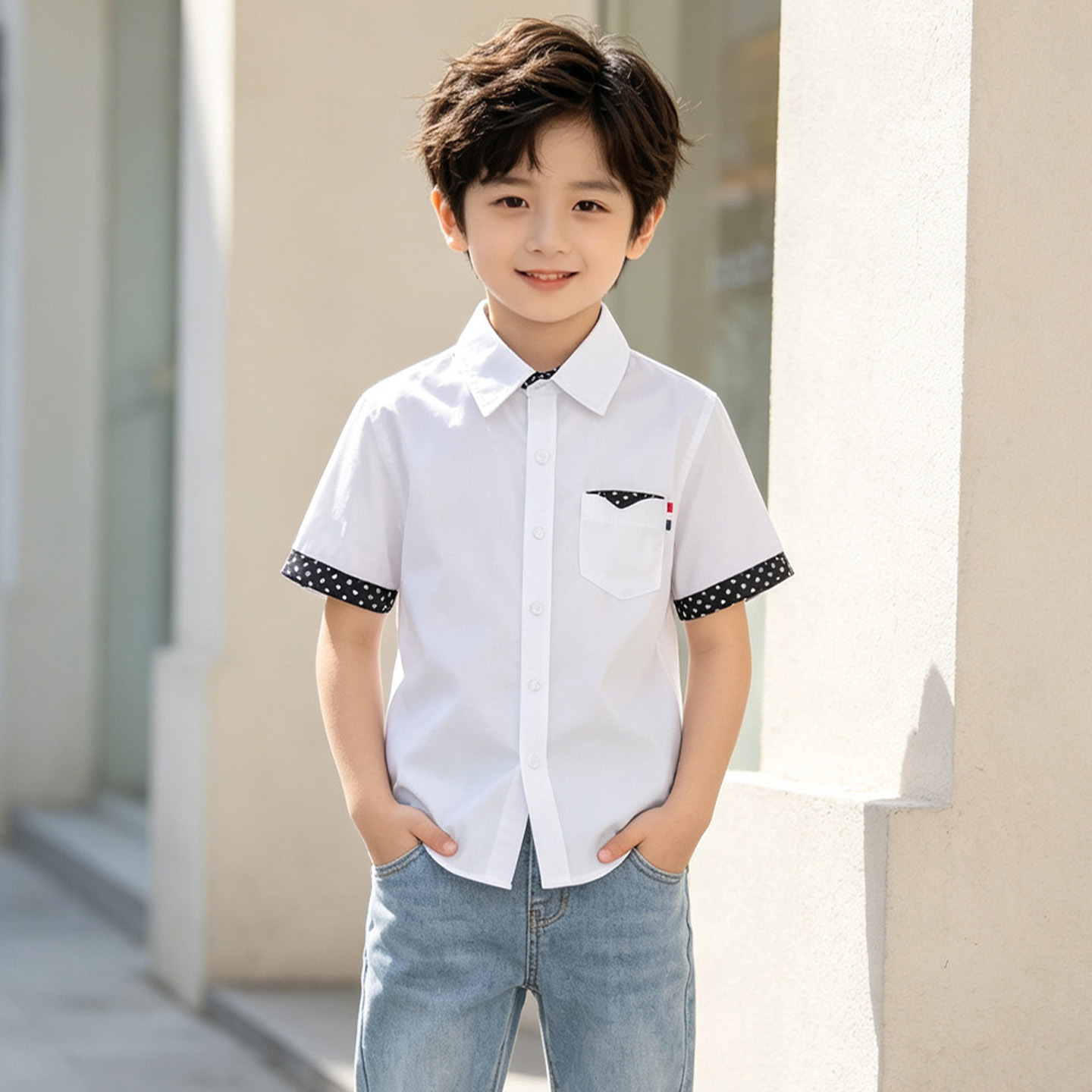 Children's short-sleeve white summer thin casual boys' shirt, European and American cross-border direct sales from manufacturer, children's clothing wholesale