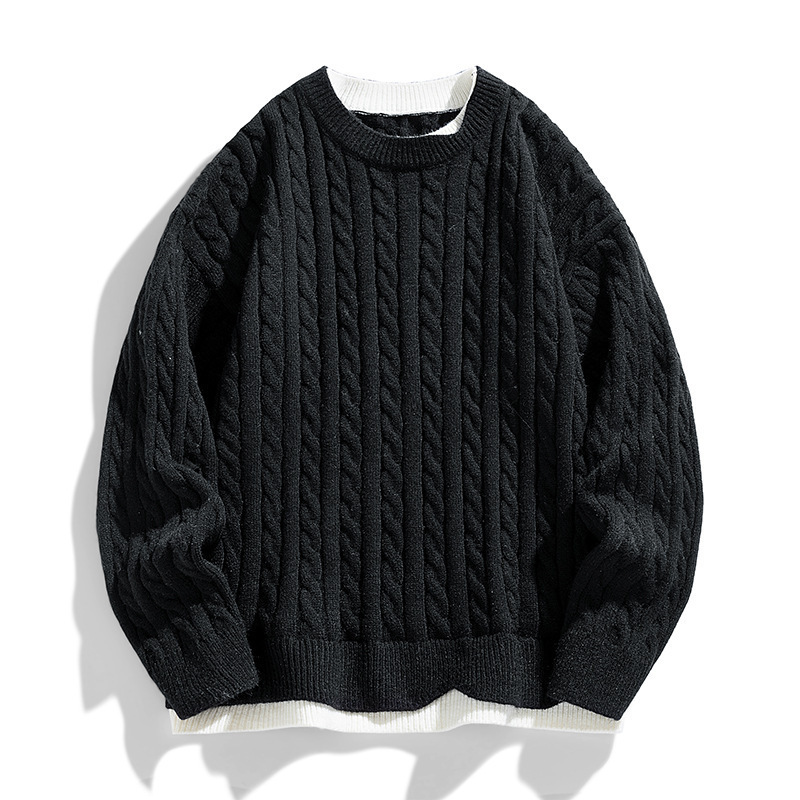 Al por mayor transfronterizo falso suéter de dos piezas para hombres más vello grueso calentamiento flor de lino grueso manga larga camiseta de punto ocio ancho