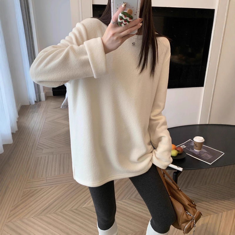 Winter Comfortable Towel Loop Velvet Bottoming Shirt for Women Winter Loose White Inner Round Neck Long-Sleeved Top