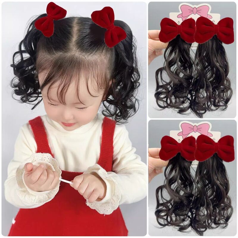 2026 Children's New Year Playful and Cute Princess Pear Blossom Curly Ponytail Red Velvet Bow Wig for Girls with Simulated Braids 2026 Children's New Year Playful and Cute Princess Pear Blossom Curly Ponytail Red Velvet Bow Wig for Girls with Simulated Braids