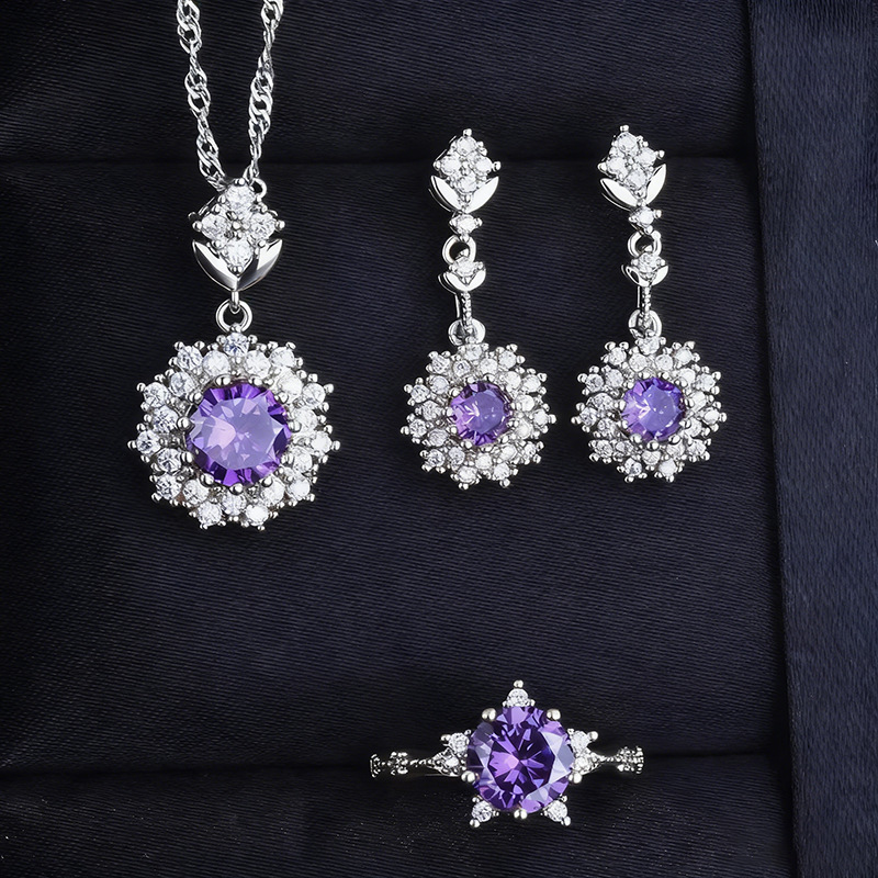 Jewelry set, colorfast, exquisite clavicle chain, ring, pendant, earrings, 18K gold plated with sparkling diamonds and amethyst necklace for women.