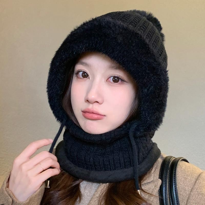新款连体帽女冬季骑行加绒加厚遮脸护耳针织帽子围脖口罩保暖套件|undefined