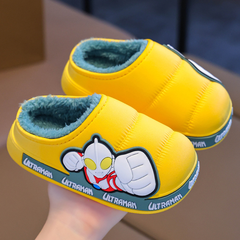 Zapatillas de algodón para niños Ultraman invierno para niños antideslizantes para el hogar calentamiento de lana impermeable para niños grandes zapatos de algodón