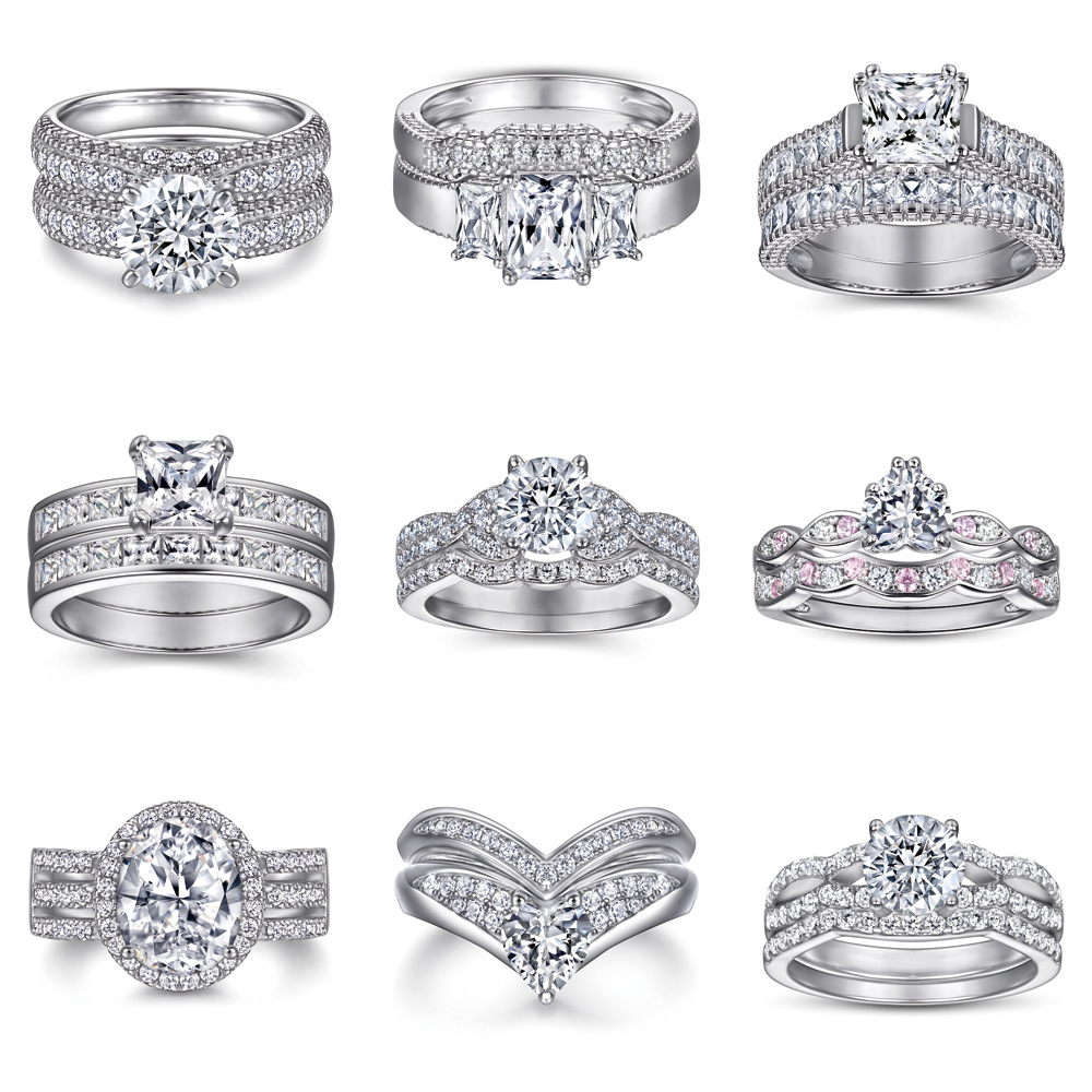 Tonglin europeo y americano nuevo anillo de Plata de Ley 925 anillo de combinación de las mujeres anillo de compromiso de boda anillo de circón al por mayor