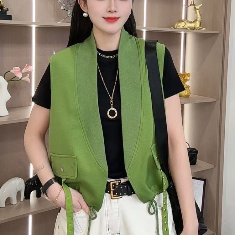 A generation of 2025 spring and summer new vest Joker foreign style drawstring loose slim vest cardigan women's top