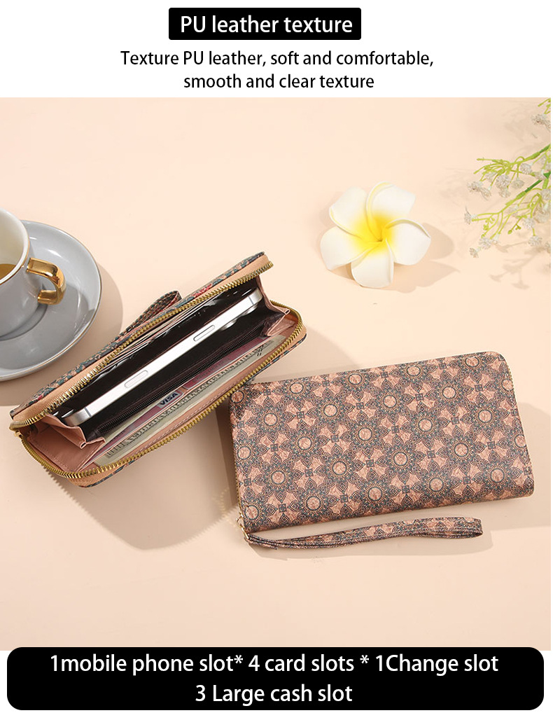 90g Weight Polyester Lining Material Zipper Closure Type Long Wallets Bags Type 1 Piece Quantity Daily Occasion Pu Leather Material Geometric Pattern All Seasons Season Women's Gender Vintage Style Style Square Shape Women's Geometric Pu Leather Zipper Long Wallets 3