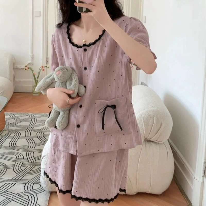 Женский летний комплект пижамы из хлопчатобумажной ткани в стиле твид с кружевом, горошком и облачками, короткие рукава и шорты, в корейском стиле, сладкий кружевной домашний костюм