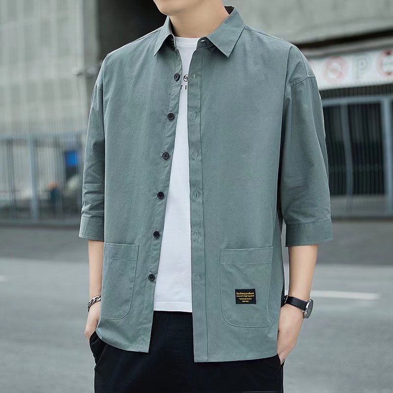 Summer Seven-point Sleeve Shirt Men's High-end Workwear Handsome Casual Seven-point Shirt Loose Short-sleeved Hong Kong-style Thin Jacket