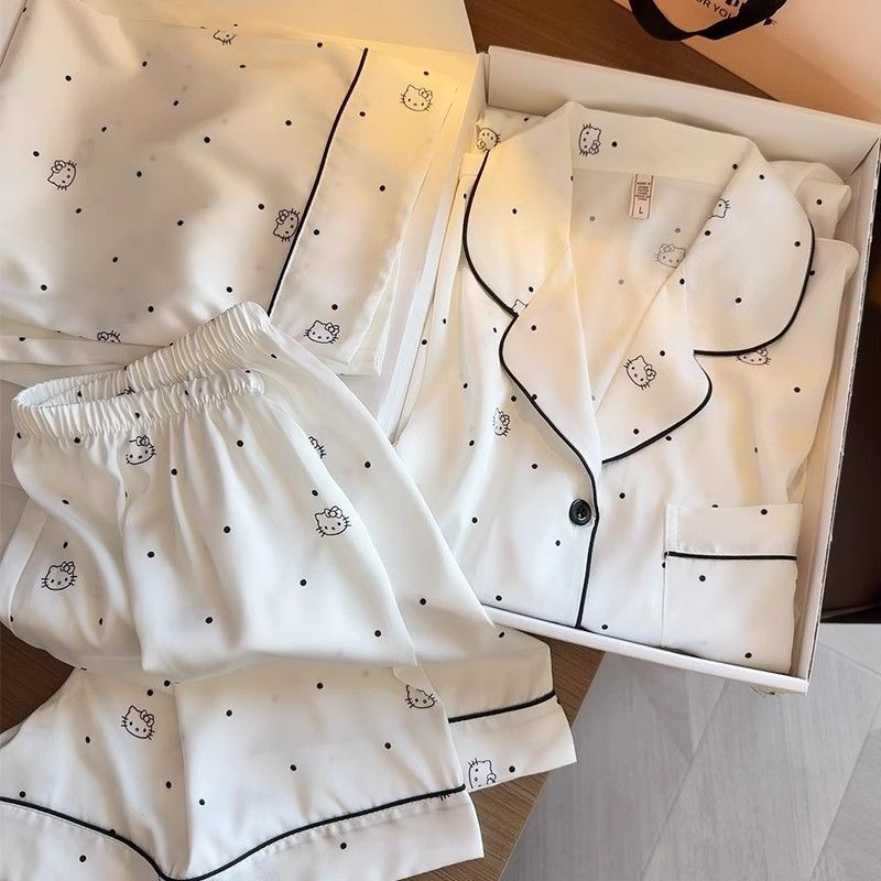 Fresh and Sweet Pajamas for Women, Summer Kt Cat Polka Dot Long-Sleeved Three-Piece Suit, High-Quality Ice Silk Home Clothes with Chest Pads