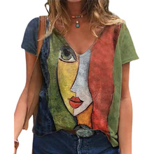 2023亚马逊新品短袖女欧美新款抽象人物印花V领套头T恤女上衣