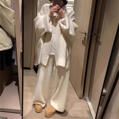 慵懒氛围感浴袍式大开衫女直筒针织裤套装两件套韩版国风灰色白色