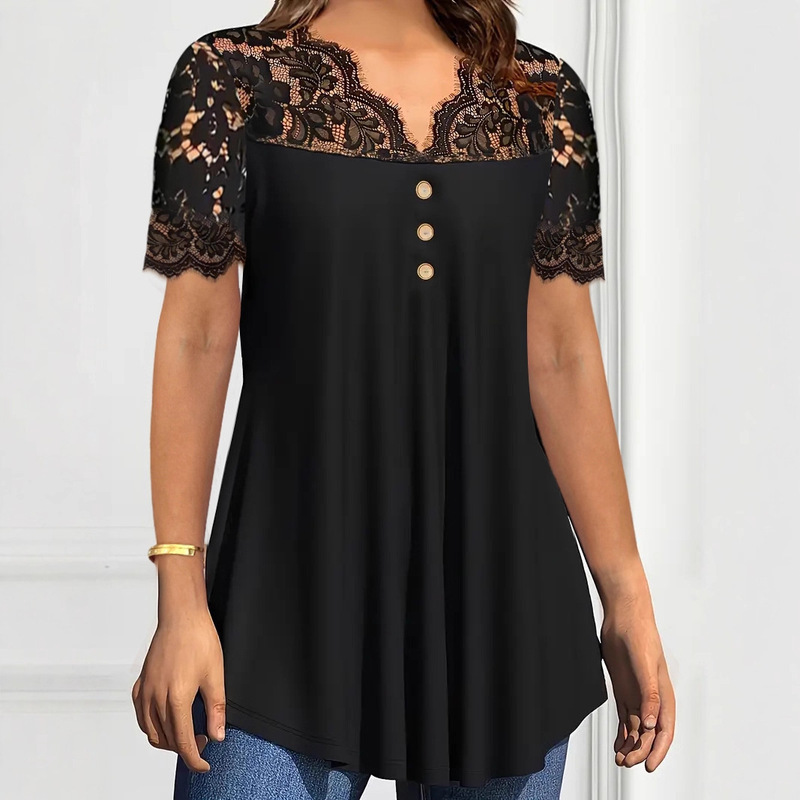 2025 Cross-Border Amazon Temu Spring and Summer European and American New Women's Pure Color Lace Short-Sleeved V Neck Casual Shirt