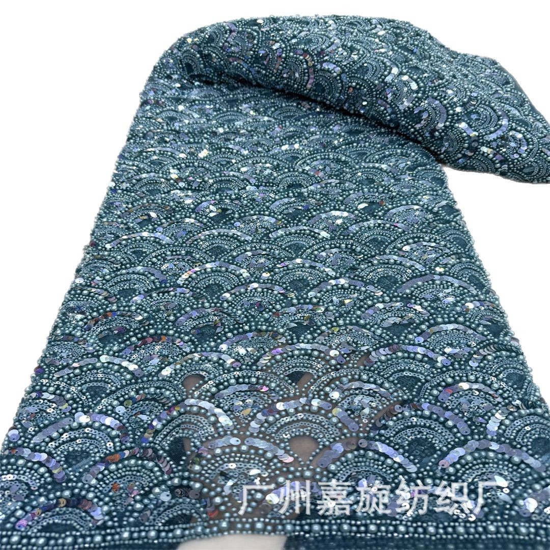 Nueva industria pesada África escamas de pescado cristal tubo de cuentas bordado vestido de novia tela beaded wedding lace