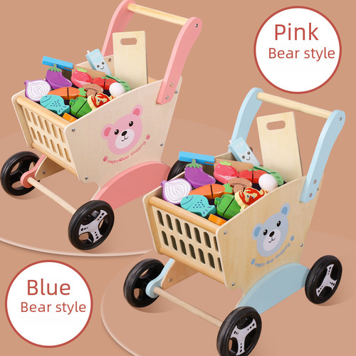 Wooden Playhouse Baby Bear Shopping Cart Learning Push Cart Simulation Vegetable Cutting Fun Toy for Kids Gift