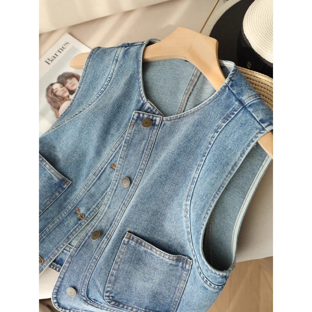 Áo vest denim nữ ngắn tay rộng rãi phong cách thời trang xuân hè — Xanh denim