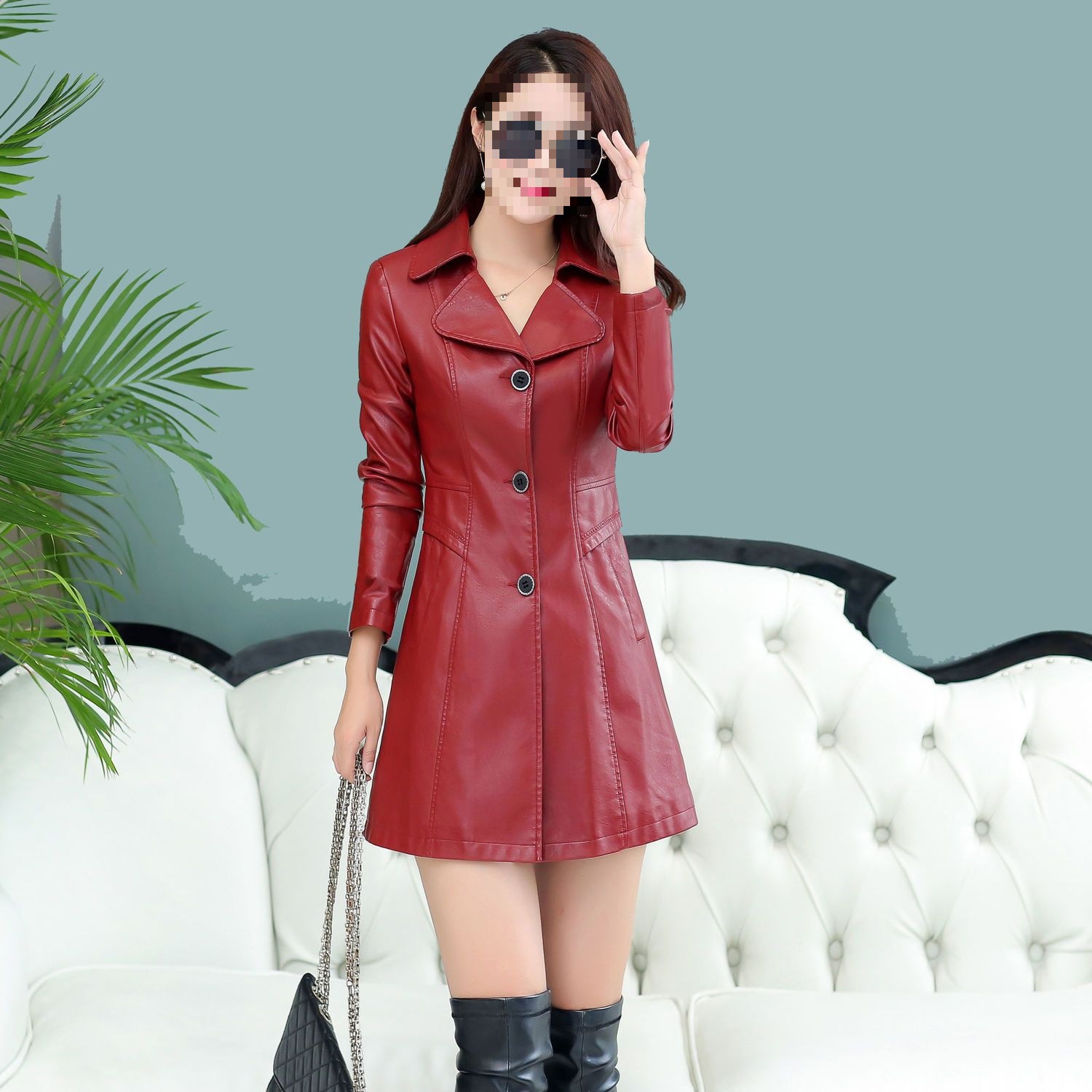皮衣外套女装春秋【海宁】皮衣女中长款外套韩版修身皮夹克风衣