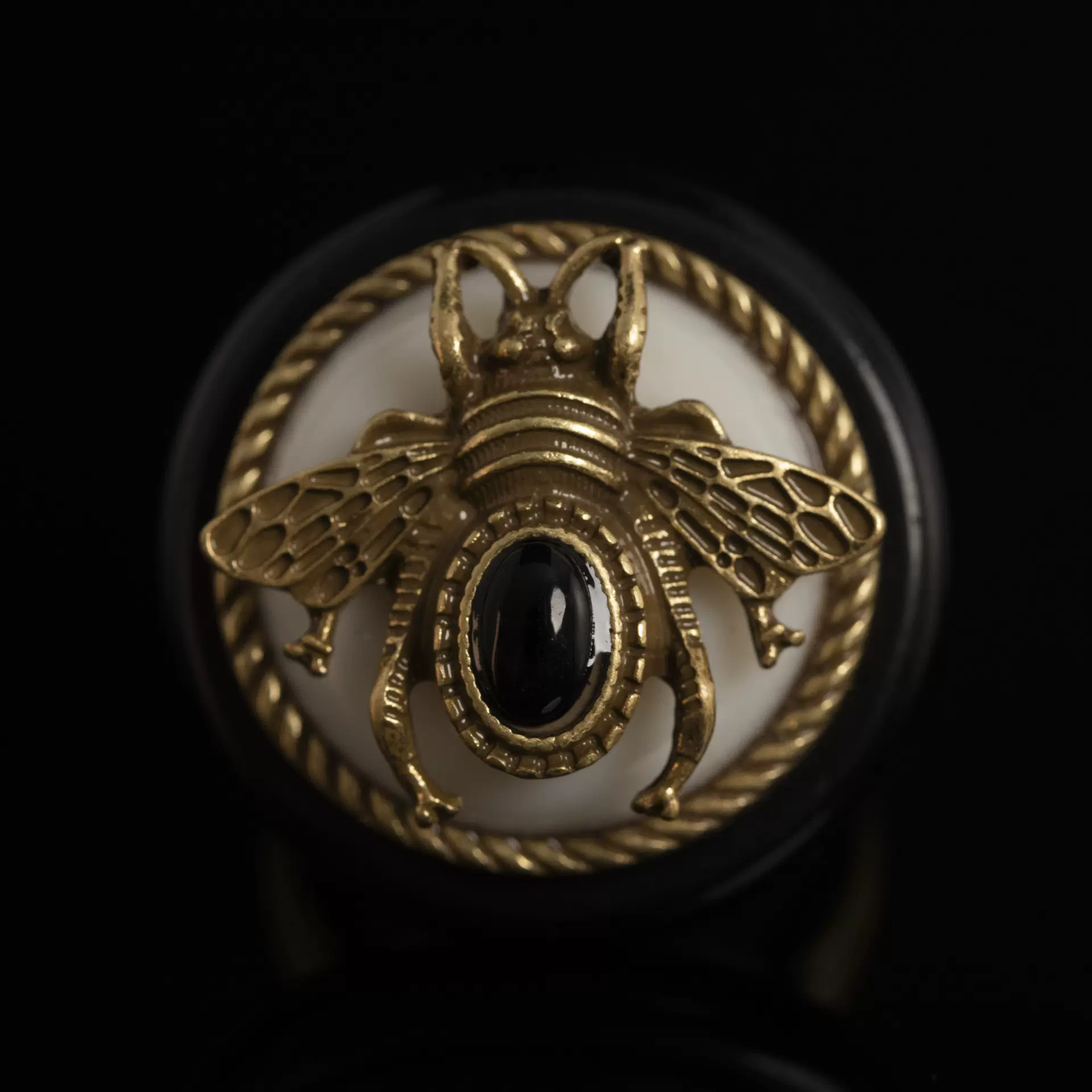 中古耳环vintage神话天然石中古复古金做旧镶嵌黑玛瑙小蜜蜂戒指